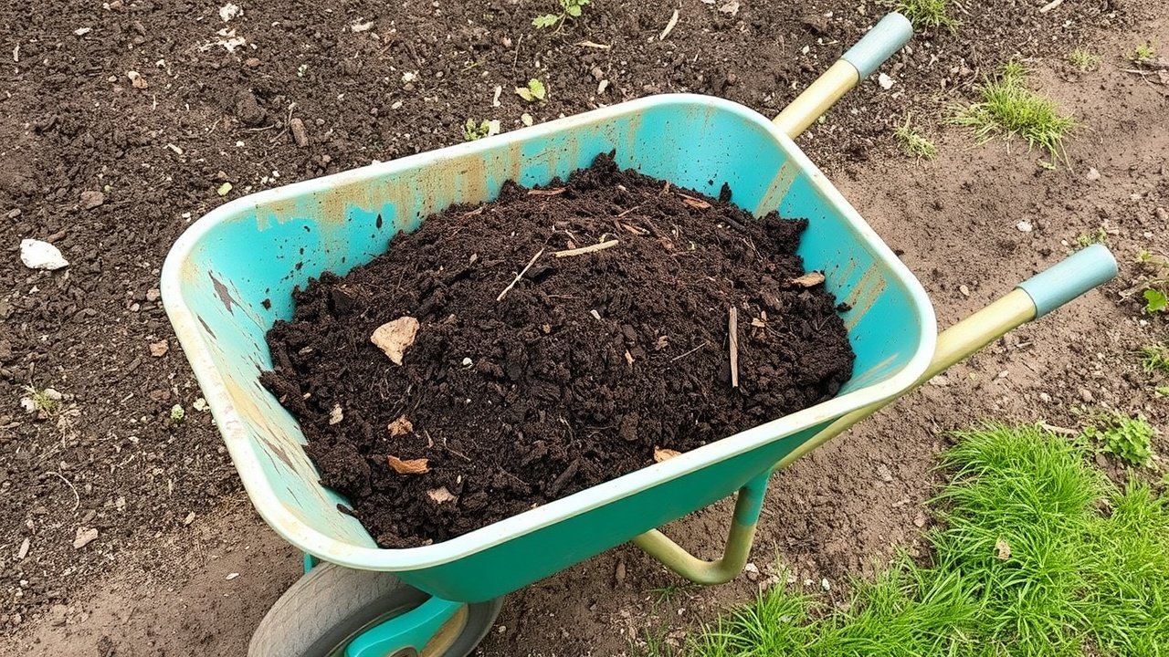 A wheelbarrow filled with compost near a patch of bare soil