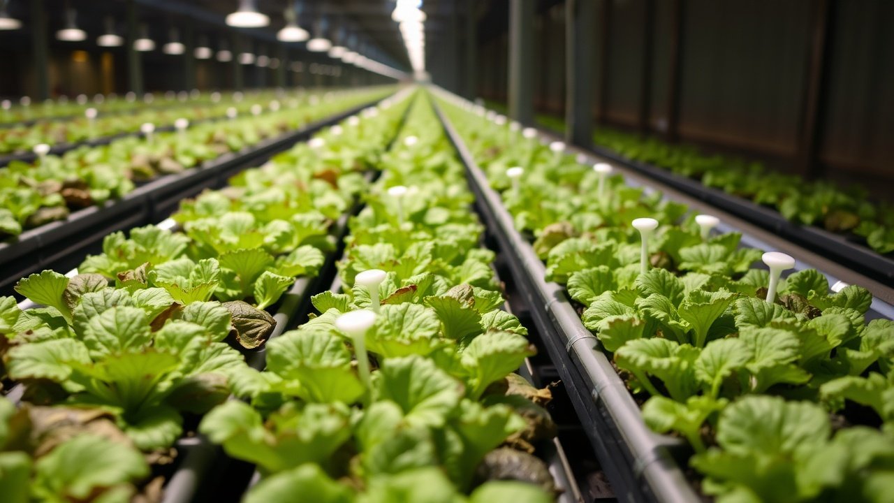 Close rows of vegetables with small emitters dripping at each plant