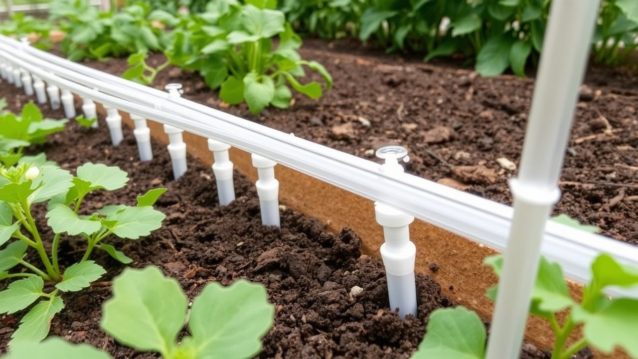 Thin tubes run along a raised vegetable bed, drip emitters wet the soil near each plant.