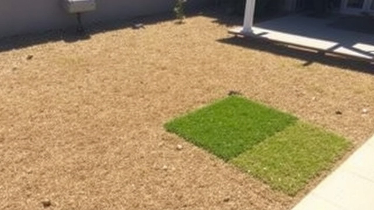 A dry sunlit lawn with a small rectangle of synthetic turf near the patio
