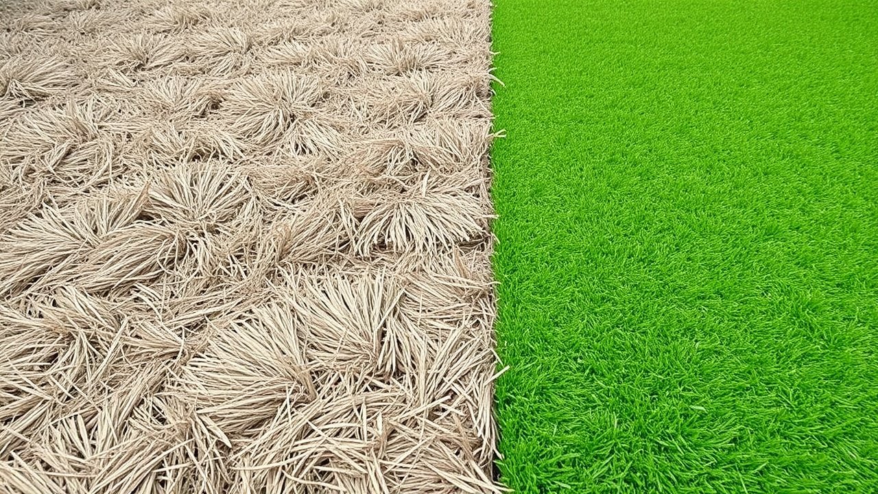 Split yard with brown dry grass on one side and bright green artificial turf on the other
