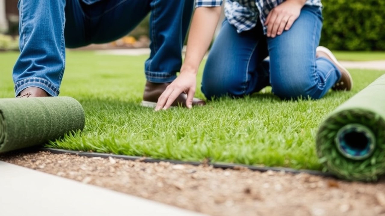 A homeowner kneels on new green sod with a roll of turf beside them.