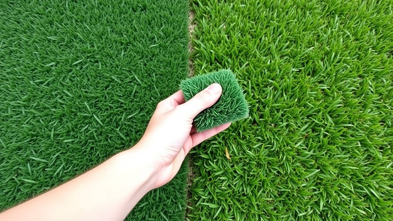 A hand holds a small roll of artificial turf next to a patch of natural grass.