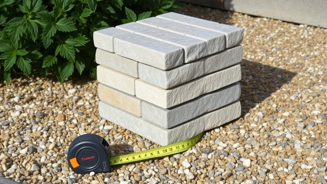 A stack of paving stones beside a measuring tape on gravel