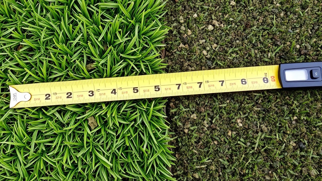 A measuring tape lies between natural sod and artificial turf to show size.