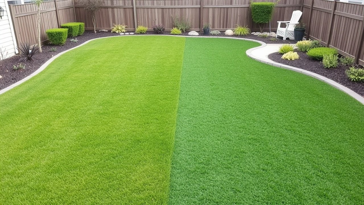 A yard split down the middle with real grass on one side and fake turf on the other