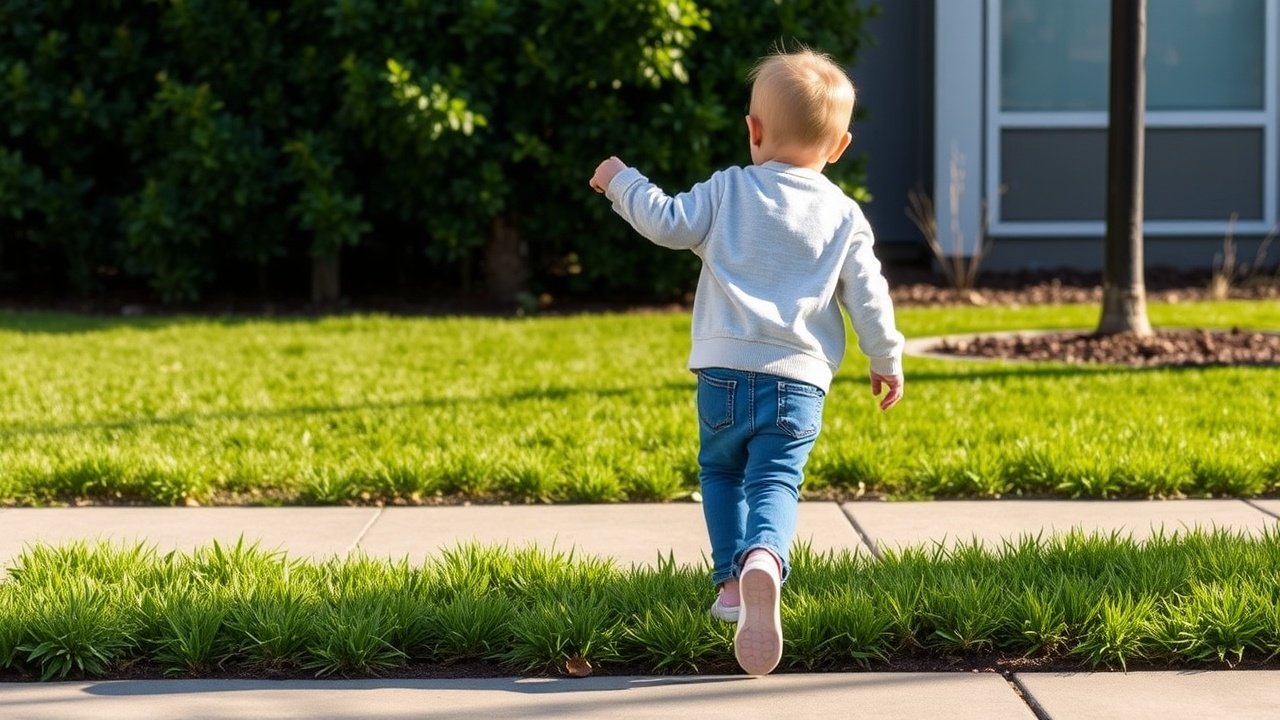 Post-installation lawn care checklist 4 A child holds an adult hand while walking on a sidewalk beside new turf