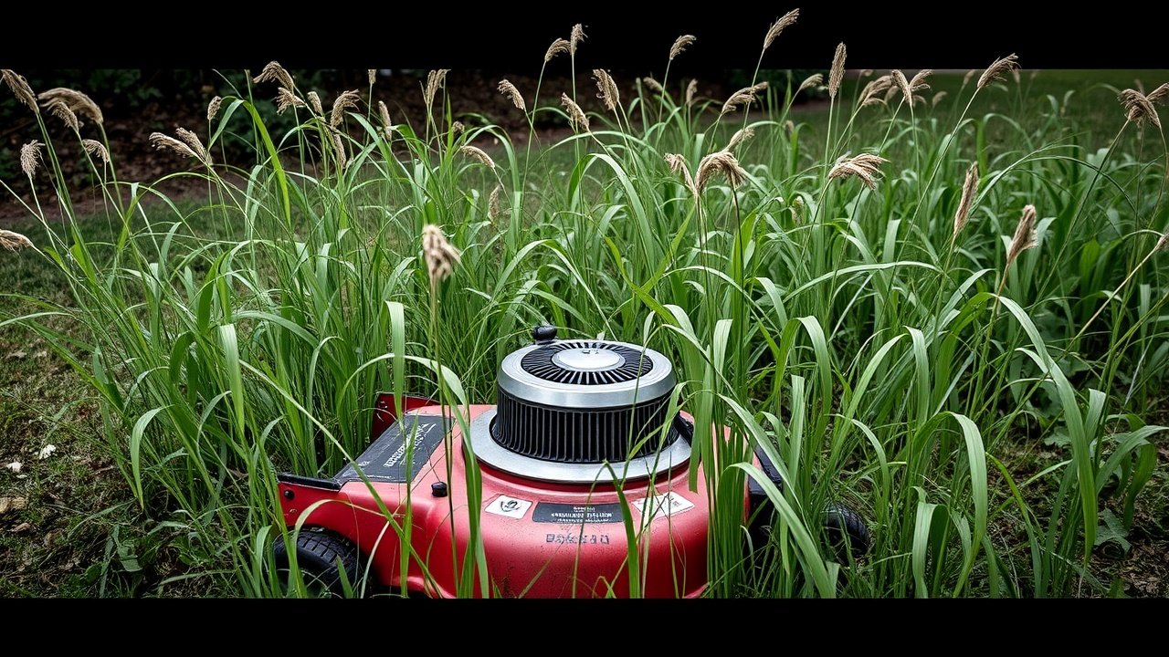 Long weeds grow above a lawn mower left in the yard.