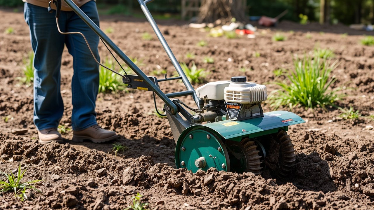 A worker uses a rototiller to break up compacted soil