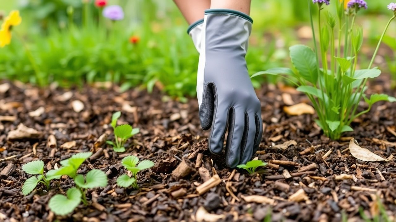 A gloved hand lays mulch at a garden bed edge to prevent weeds