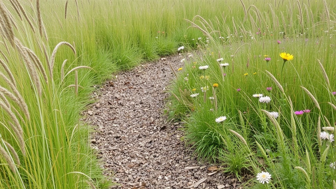 A curved path of mulch winds through tall native grasses and wildflowers.