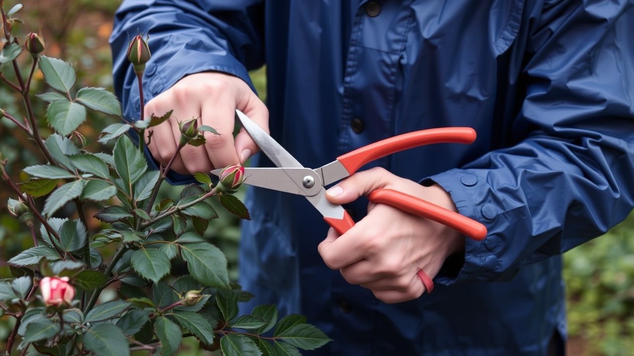 A person in a raincoat pruning a bare rose bush with hand shears