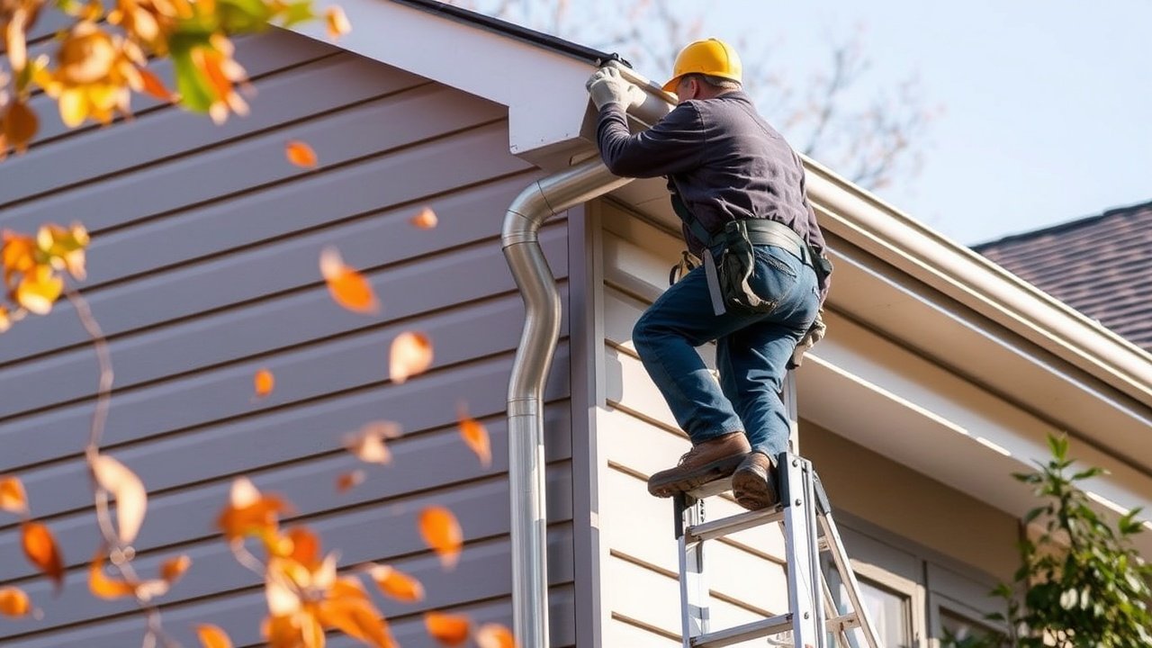 A worker on a ladder fits a metal gutter to a house roof while orange leaves scatter below.