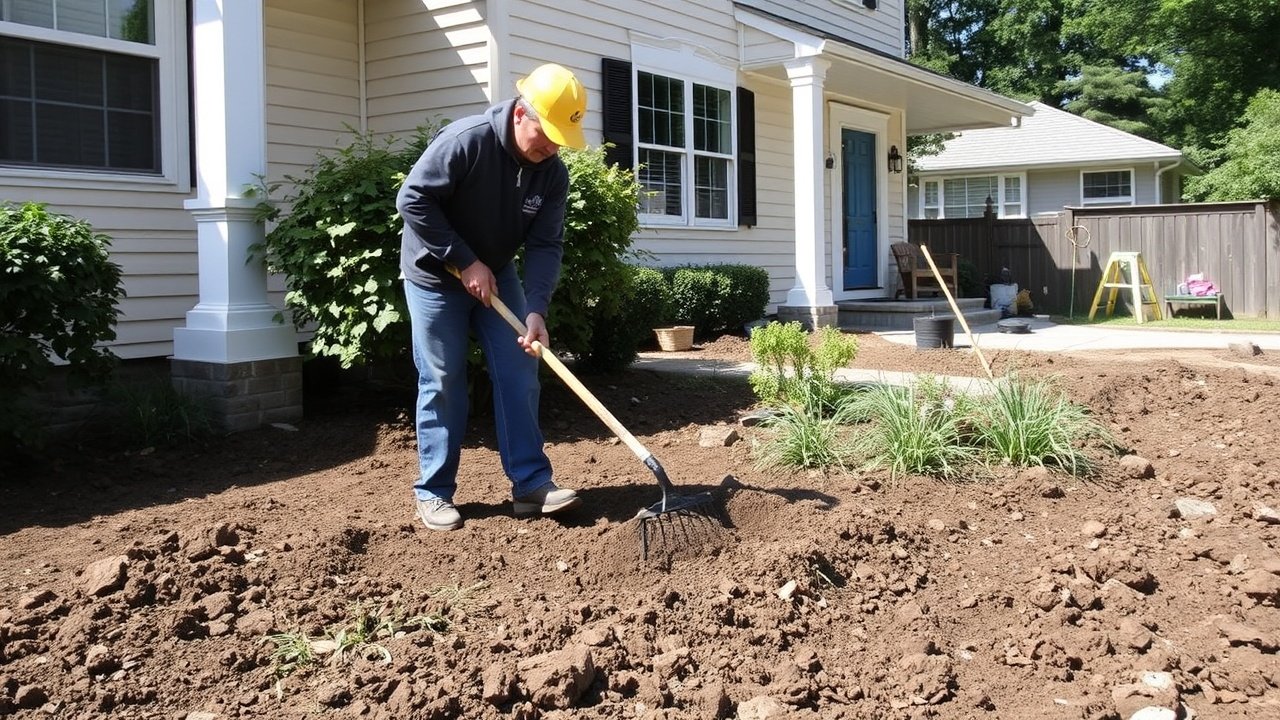 A crew member using a rake to level soil next to a house