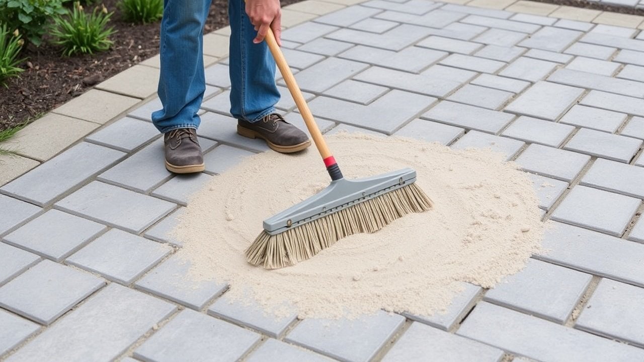 A worker sweeps sand into the gaps between concrete pavers with a push broom