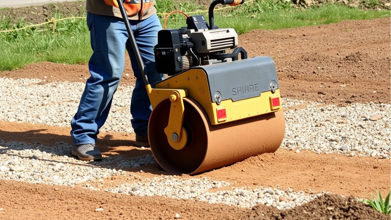 Worker with a plate compactor smoothing a gravel base
