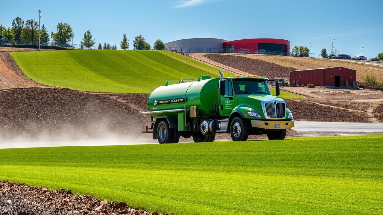 A wide commercial site with a green hydroseeding truck spraying seed over a large slope