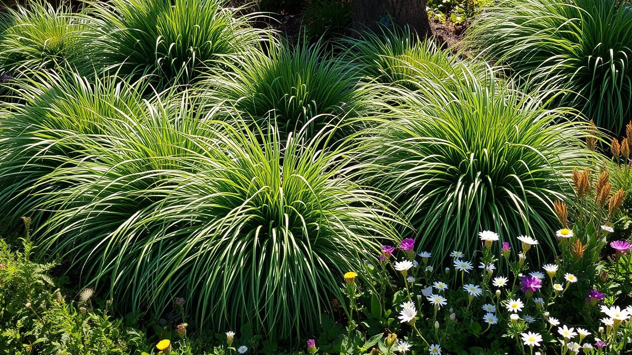 A sunny garden with clumps of green grasses and low flowering plants.