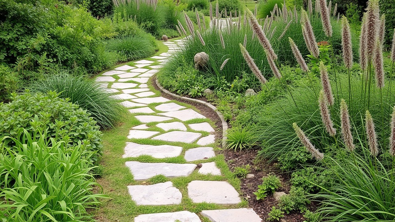 A winding stone path leads through a green garden with native plants.