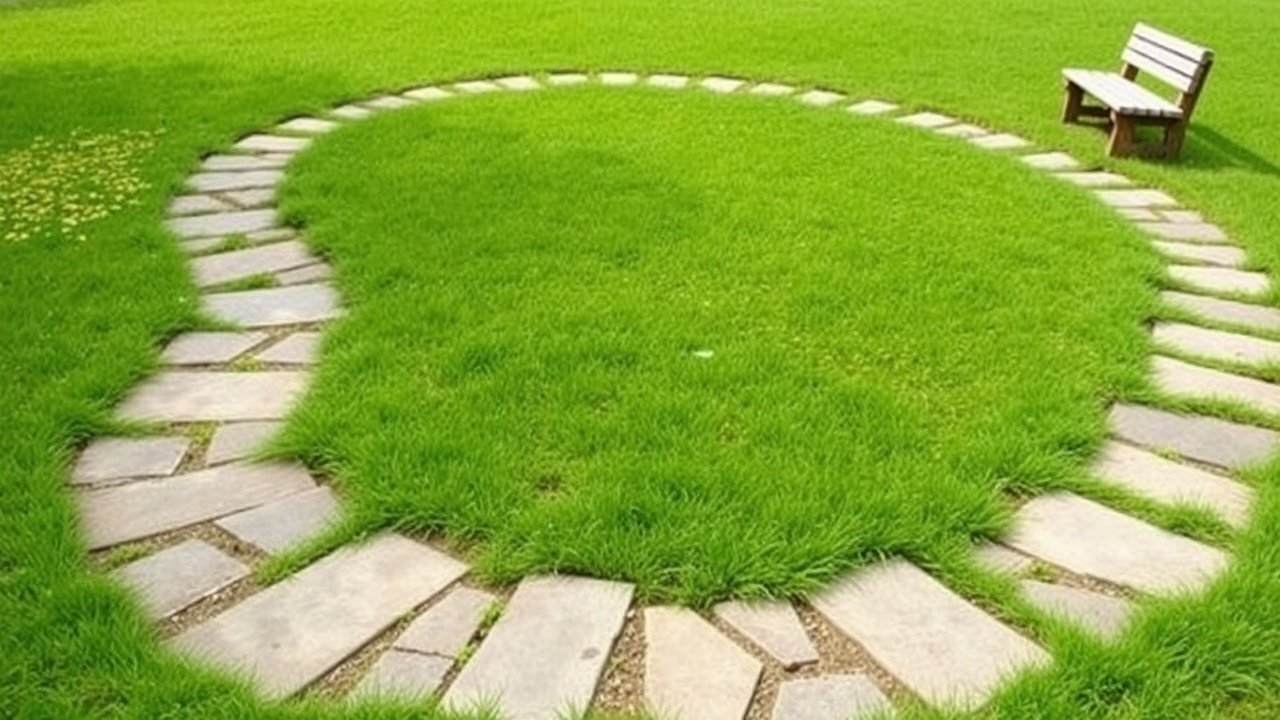 A curved stone walkway goes across a green lawn to a wooden bench.