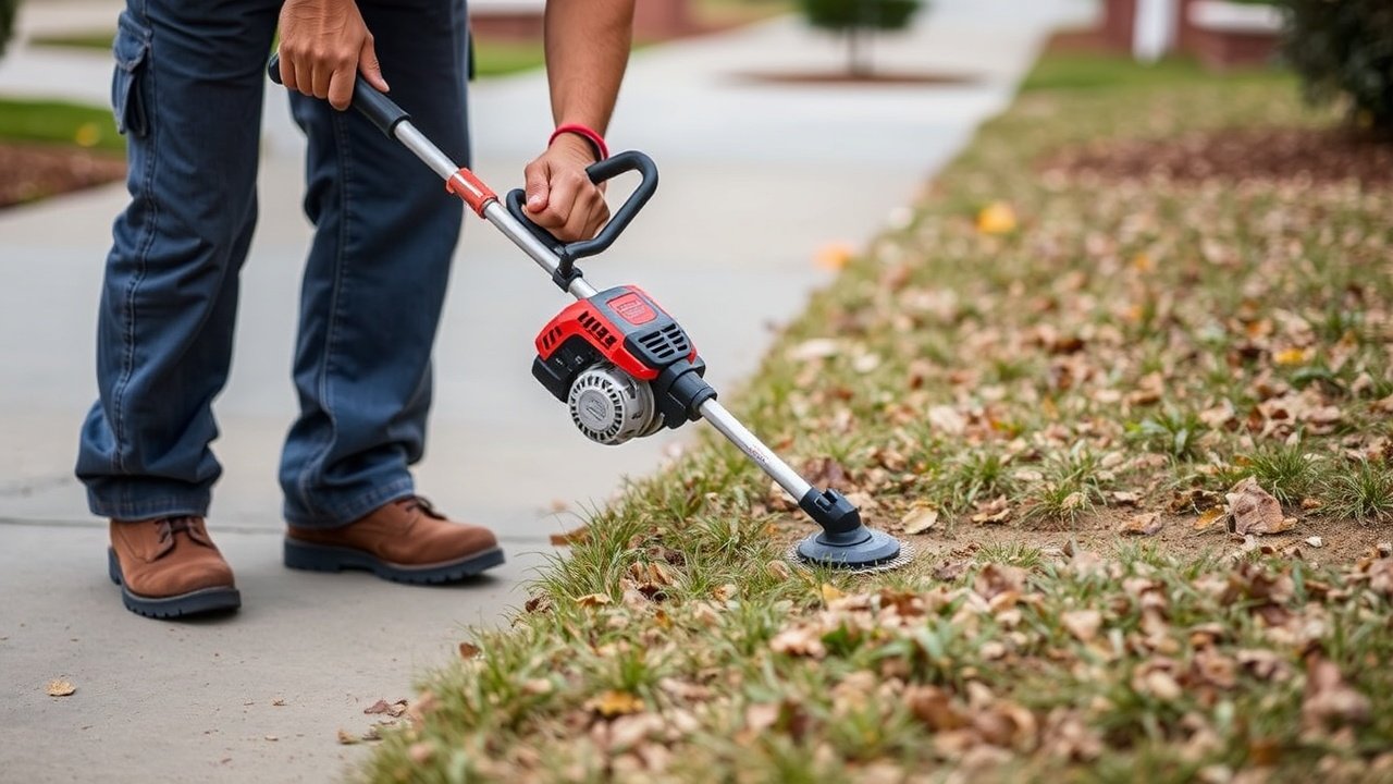 A worker trims edges with a gas string trimmer near a sidewalk.