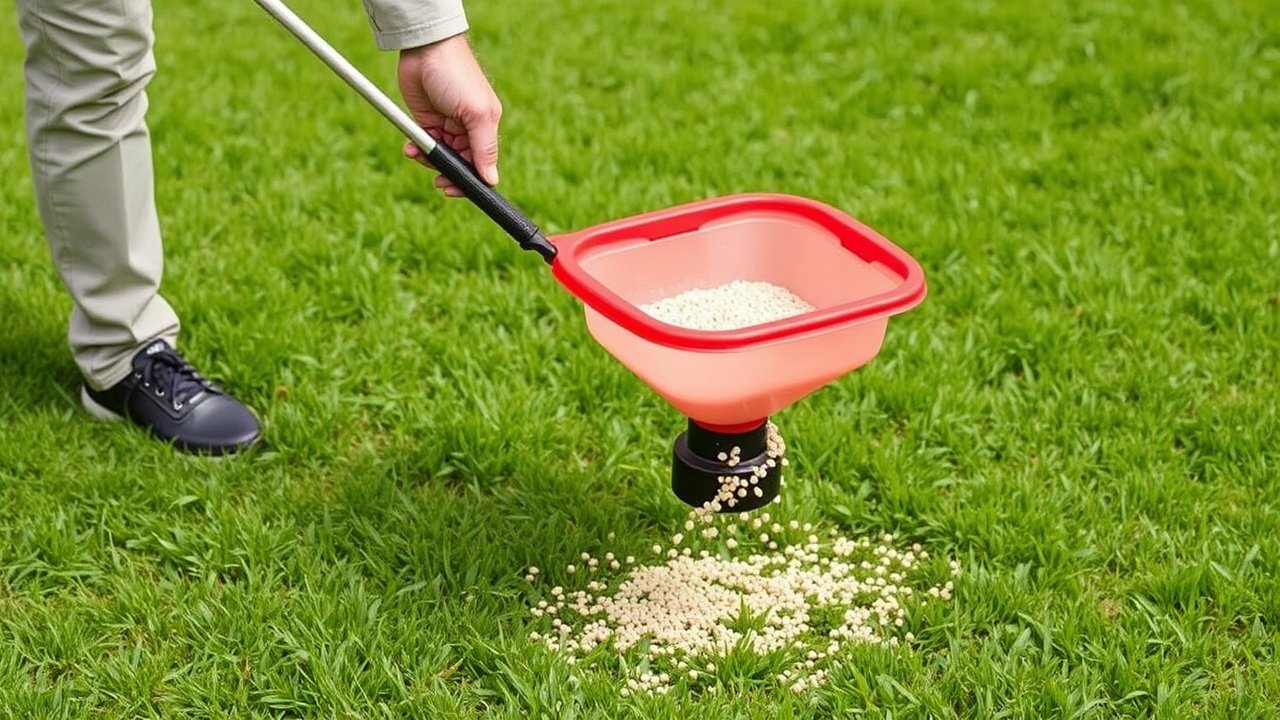 A person uses a handheld spreader to scatter small granules over a green lawn.