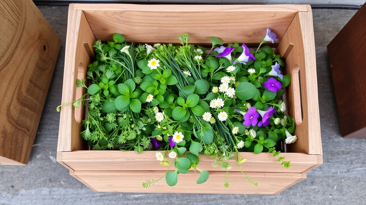 Small wooden crate overflowing with herbs and small flowers.