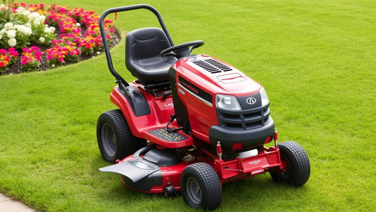 A red riding mower parked on a green lawn near a flower bed