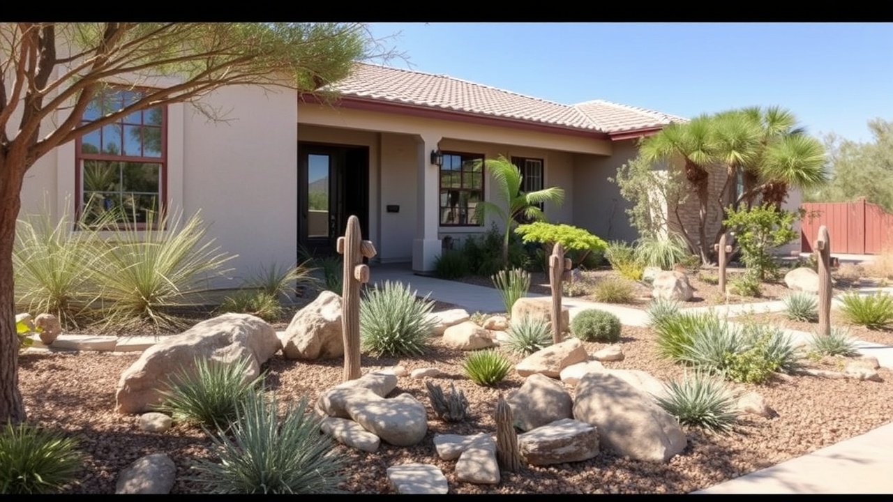 A yard with drought‑tolerant plants and rocks
