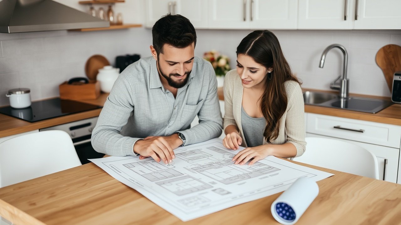 A couple looking at a blueprint on a kitchen table.