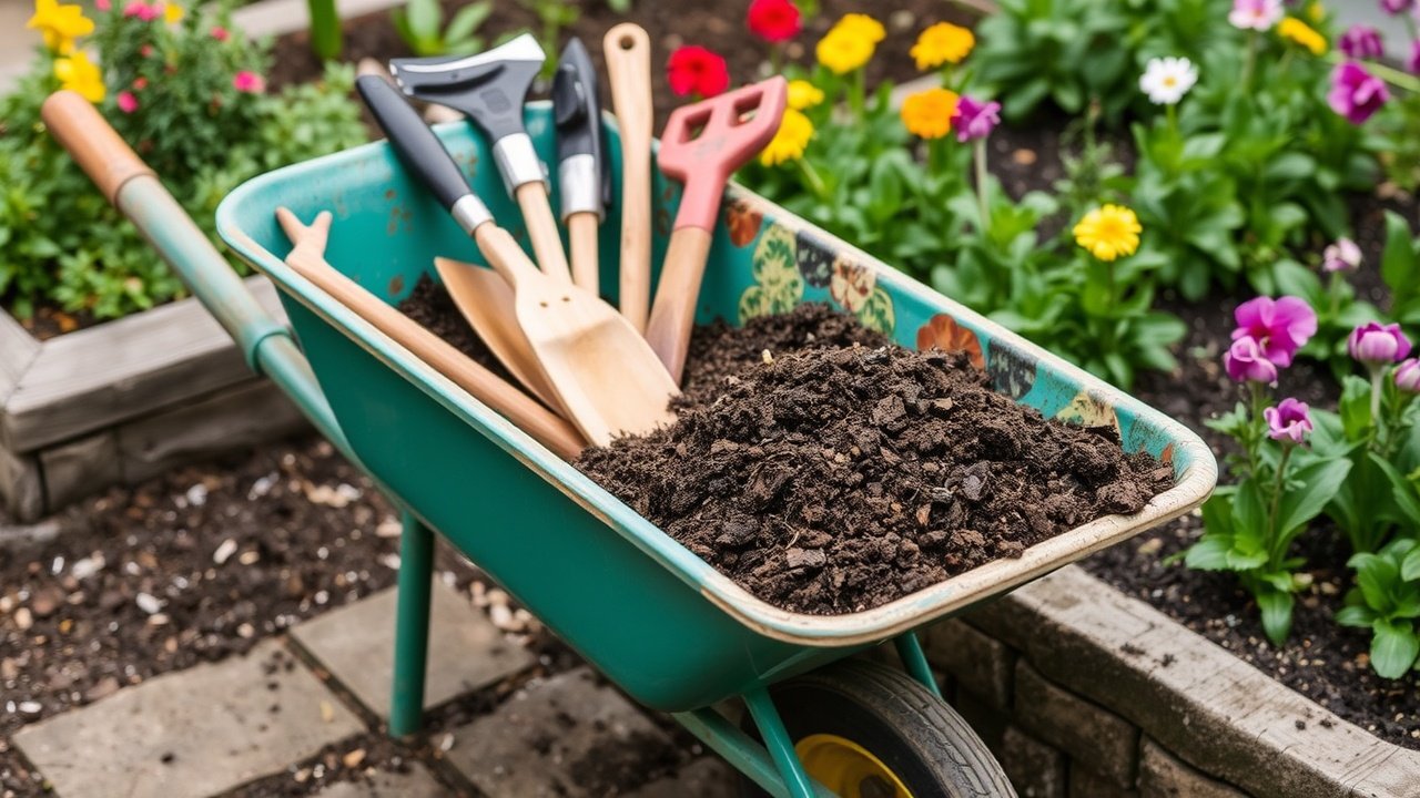 A wheelbarrow holds soil and tools next to a flower bed