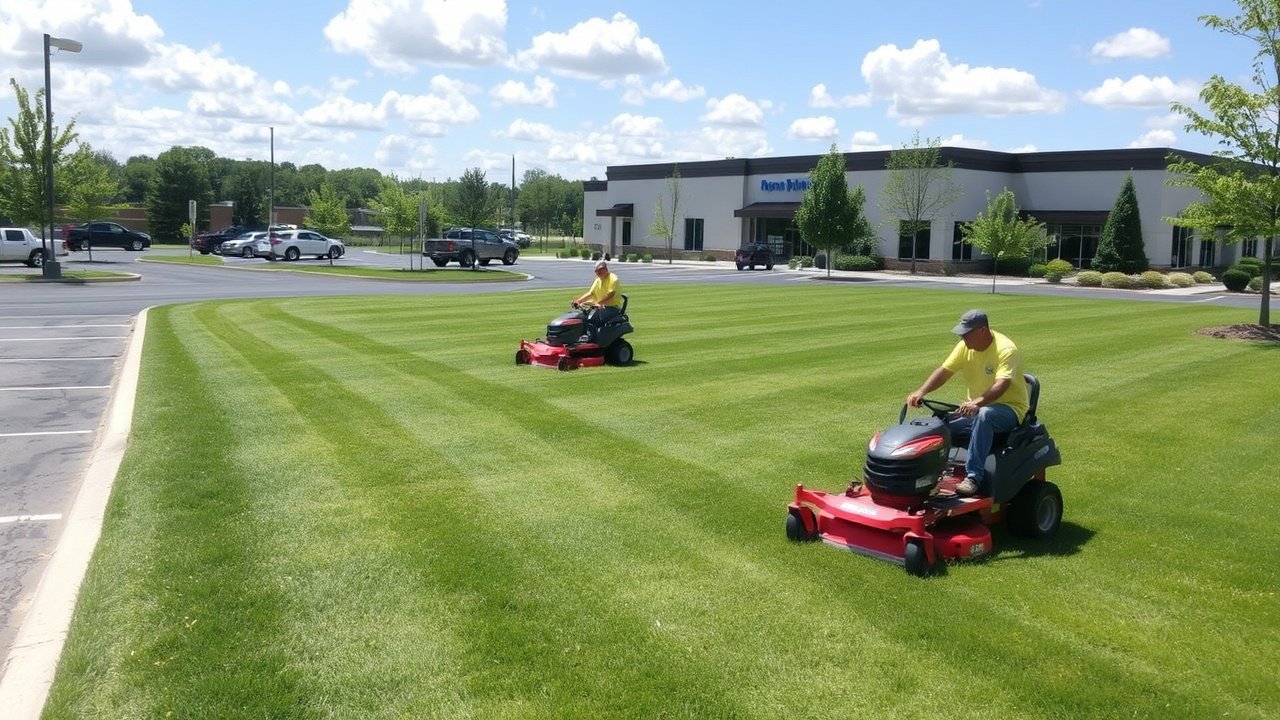 A crew mows a wide commercial lawn beside a parking lot