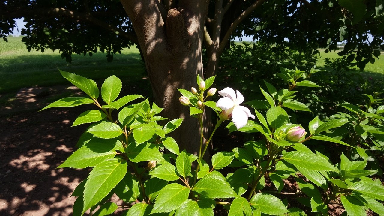 Common Landscape Design Mistakes & How to Avoid Them 4 A flowering plant wilted in deep shade under a big tree.