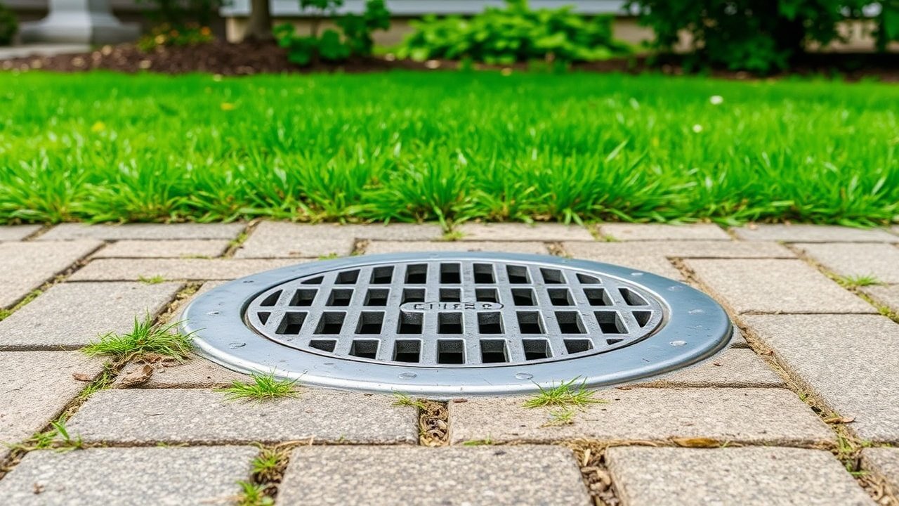 A metal grate covering a surface drain in a paved yard