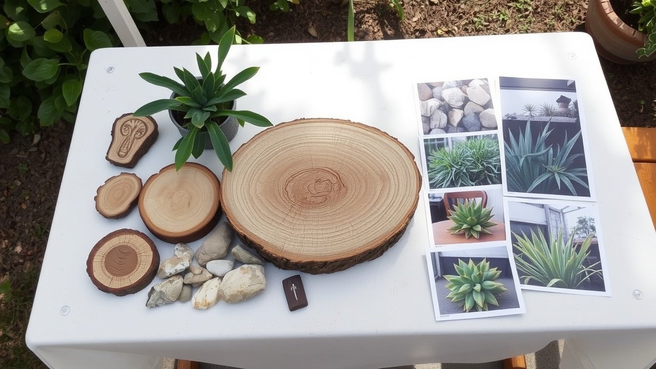 A table displays wood samples, stone chips, and plant photos outdoors