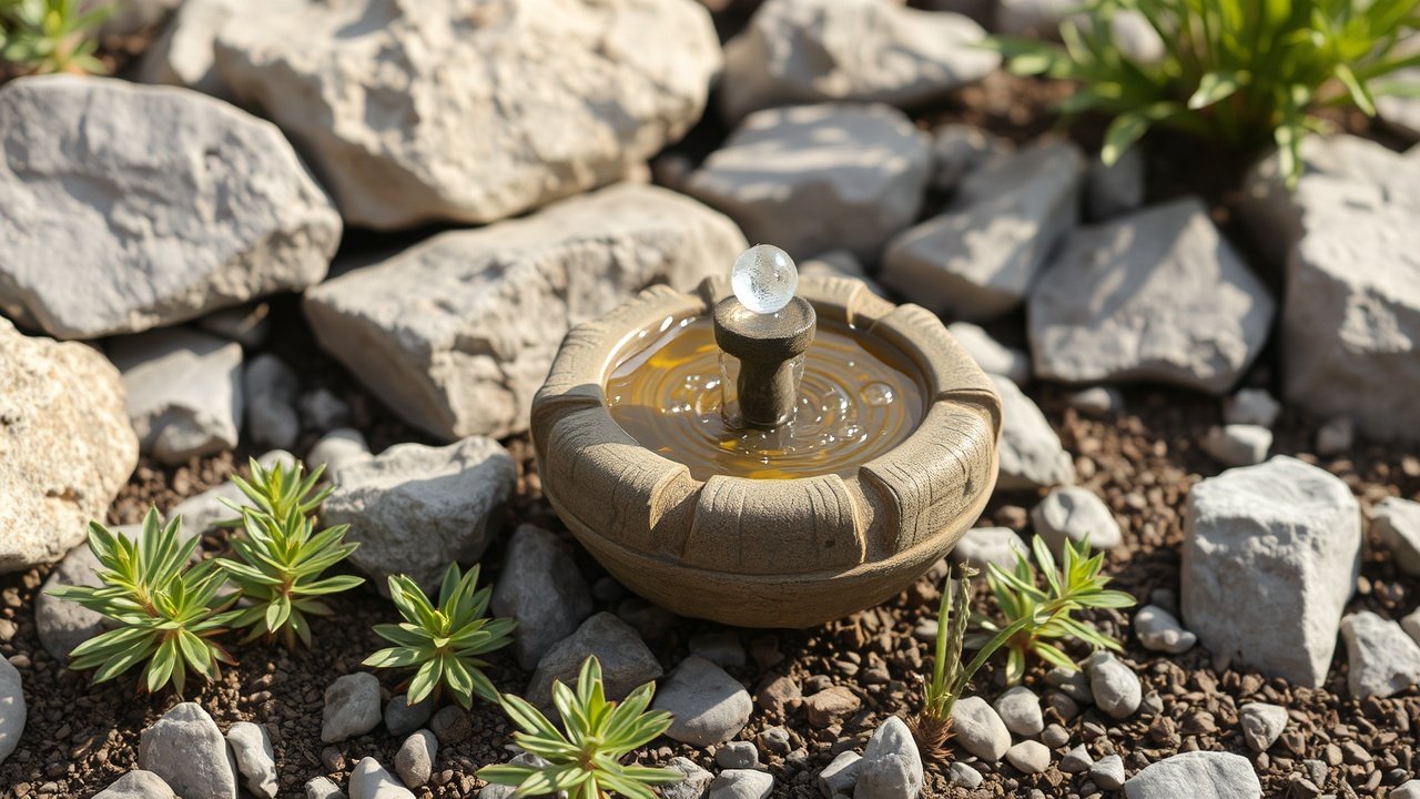 Landscape Design Tips for a Stunning Outdoor Space 4 A small water feature rests among stones and short plants.