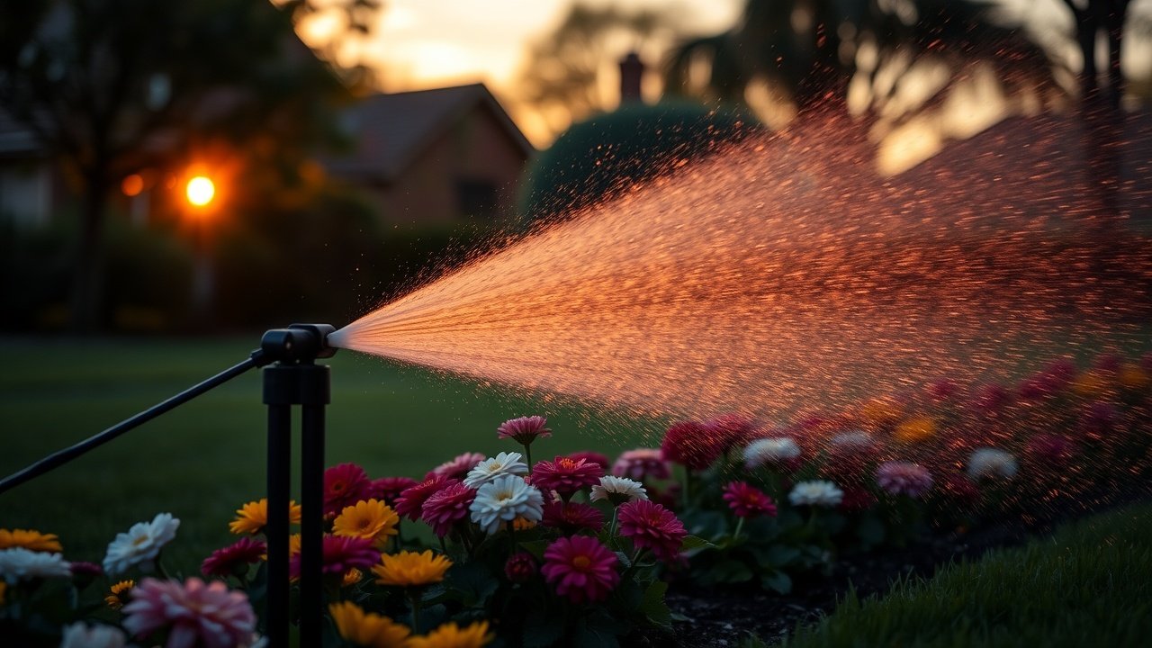 A sprinkler sprays water over flower beds at dawn.