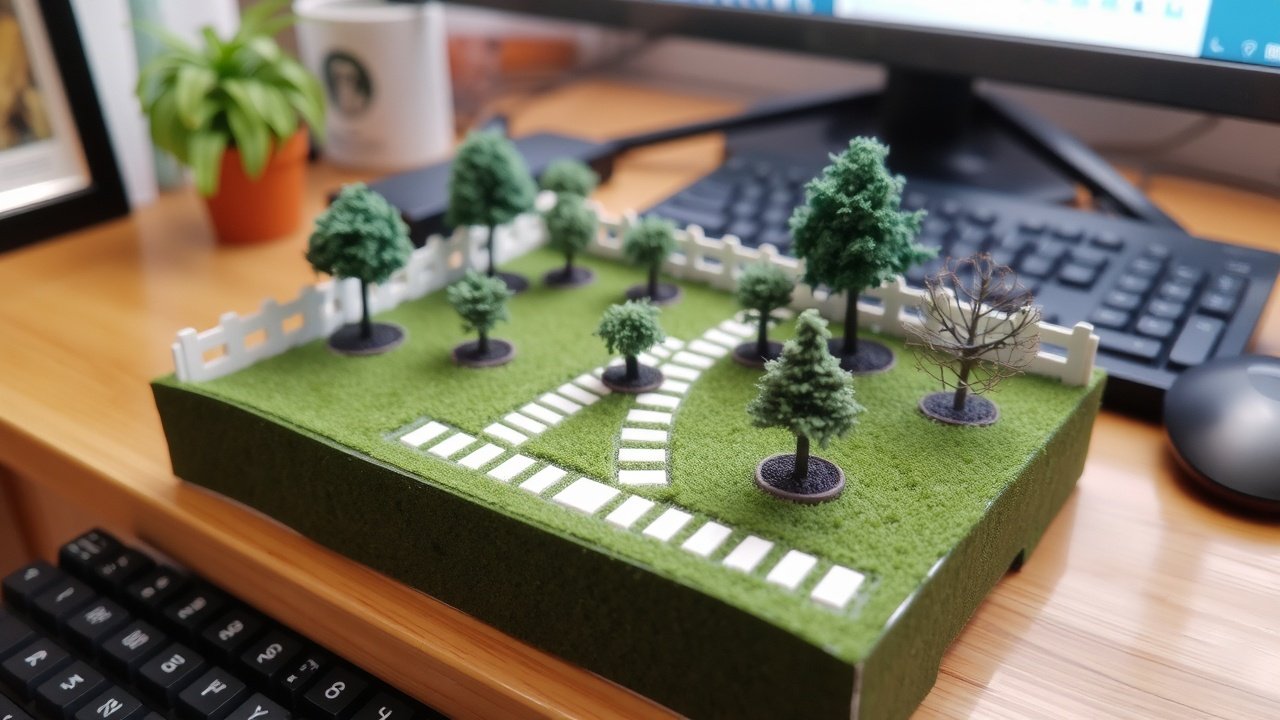 Landscaping Services List: Ideas to Offer Your Customers 2 A small model of a backyard with paths and trees sits on a desk.