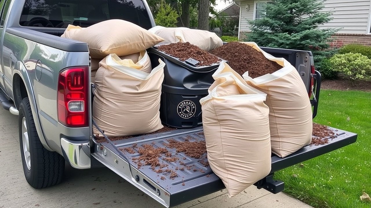 A truck parked on a lawn carries bags of mulch and soil.