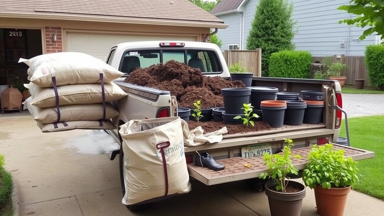 A truck parked with bags of soil and plant pots on the driveway