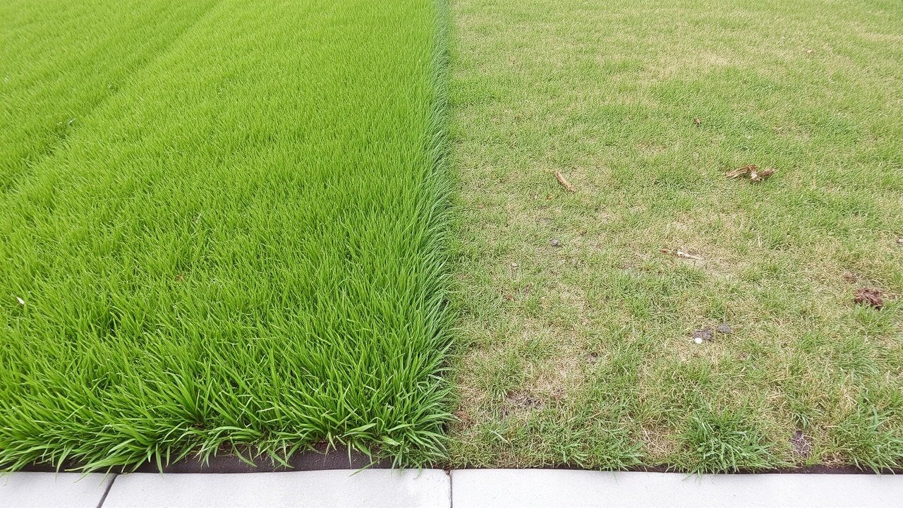A lawn shows a clear line between lush green grass and thin patchy grass.