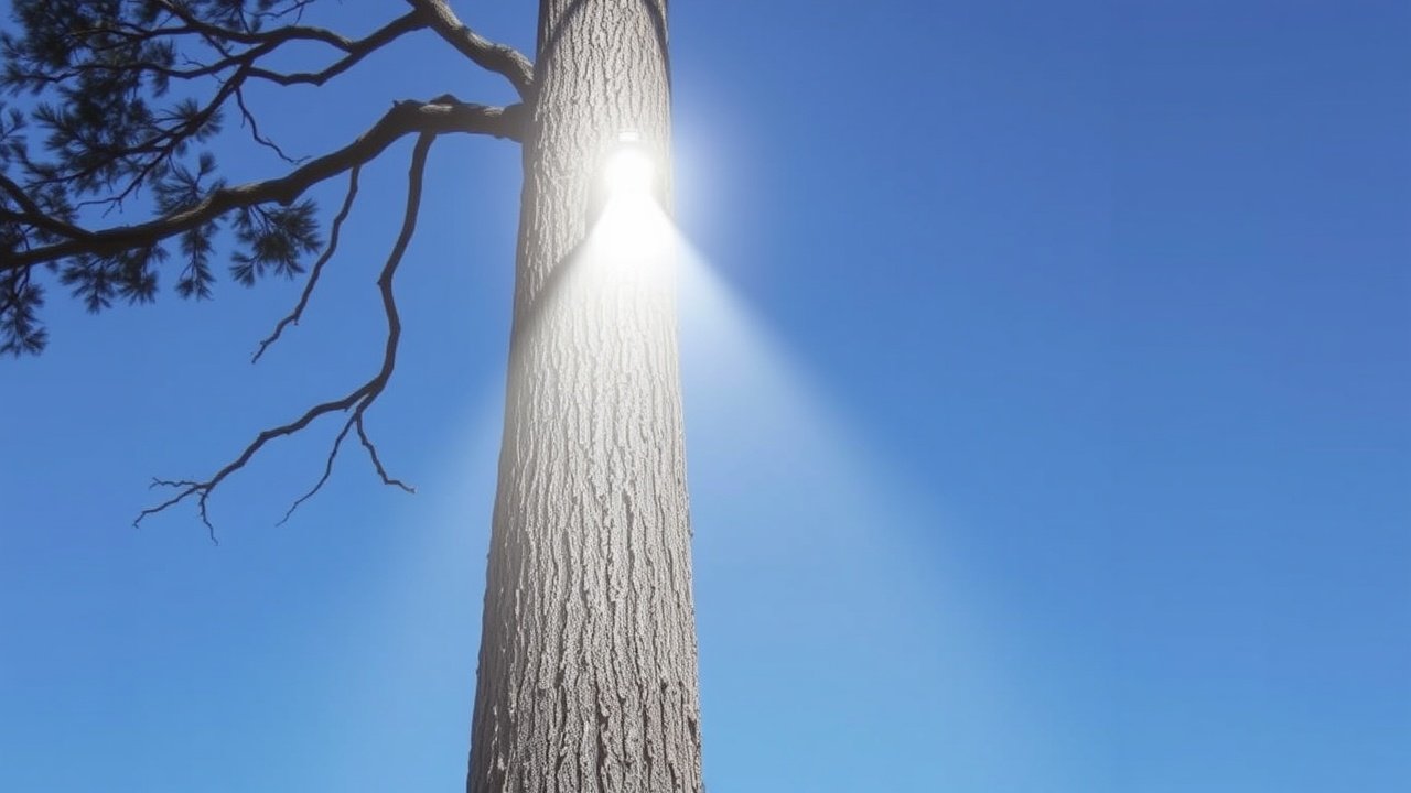 A light points upward to show a tall tree trunk