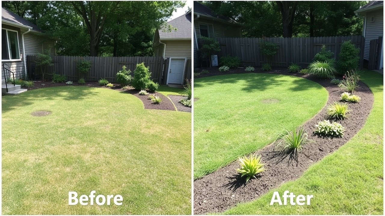 A split image shows the same yard before and after planting