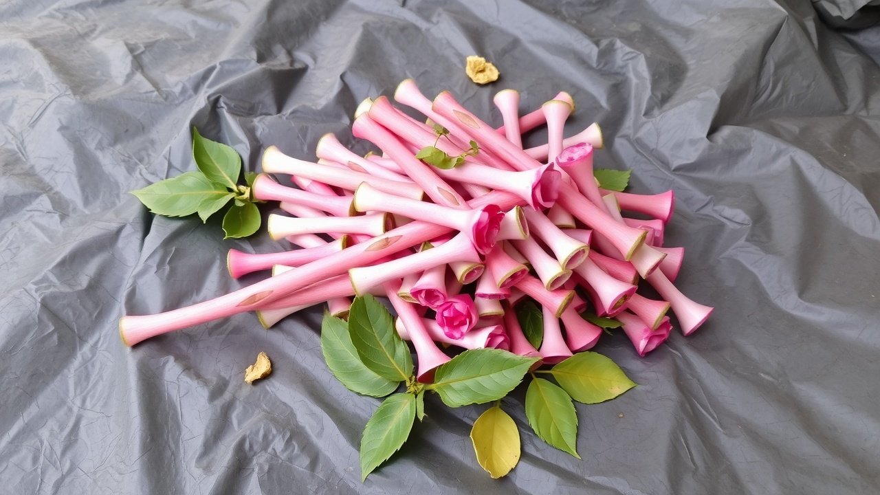 A small pile of cut rose canes and leaves on a tarp.