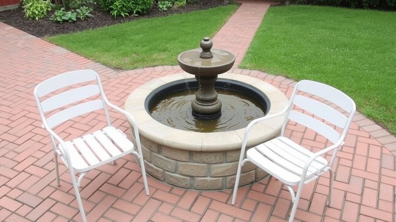 A compact round fountain surrounded by two small chairs on a brick patio