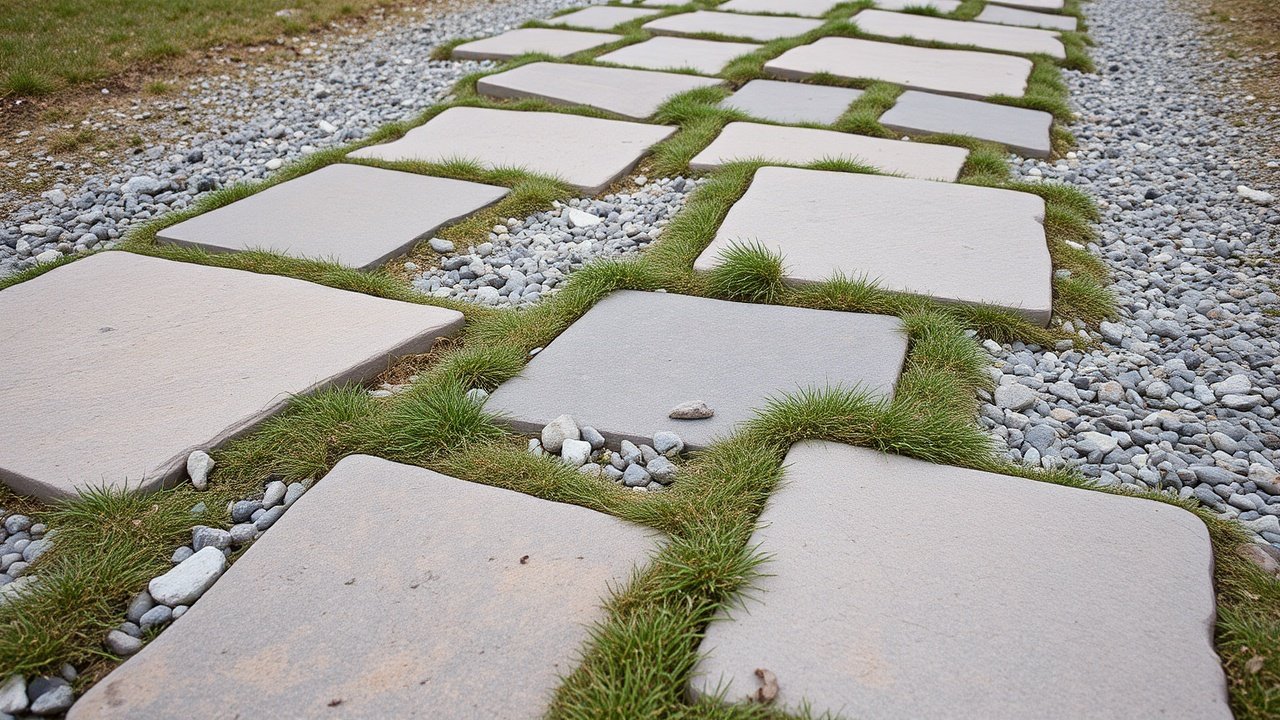 A gravel path with gaps of grass between large flat stones