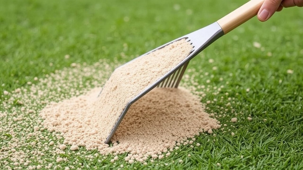 A rake spreads a thin layer of sand evenly across the turf.