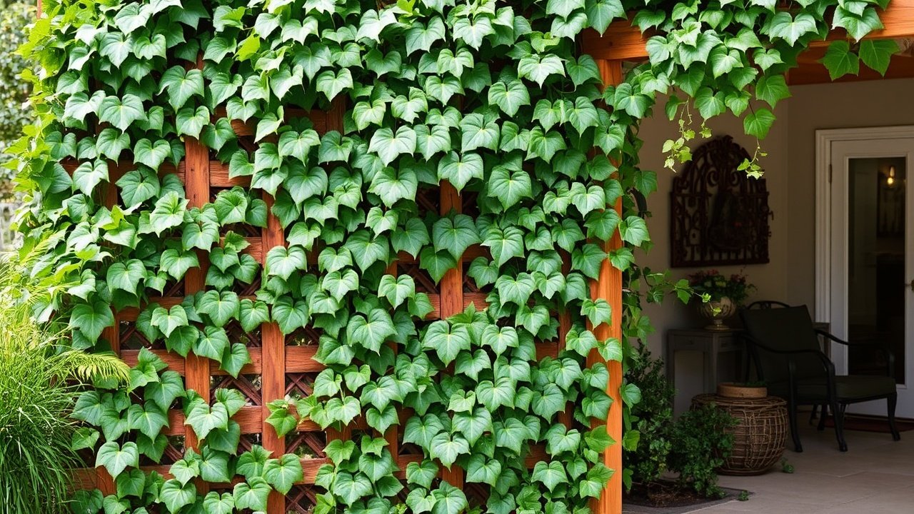 A wooden lattice covered in thick climbing vines next to a patio