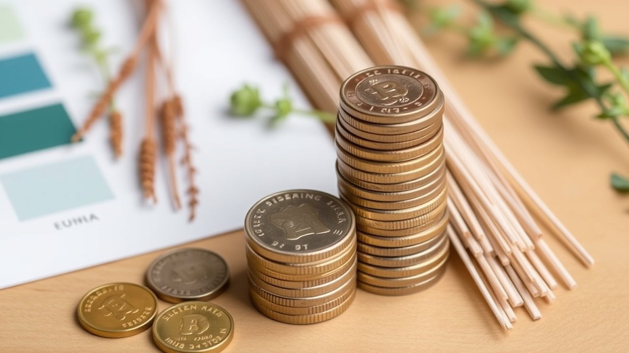 A neat stack of coins sits beside plant samples and a color swatch