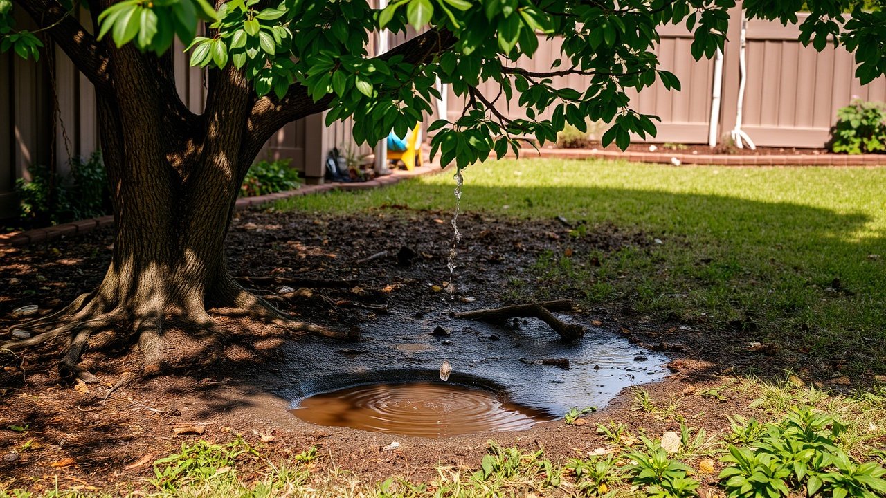 Depressed area under a tree holding muddy runoff